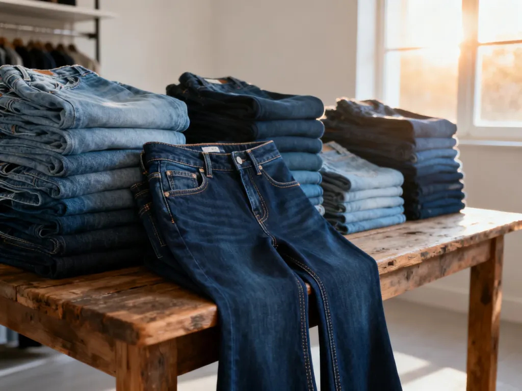 Stos ułożonych jeansów na drewnianym stole, w tym model typu bootcut, idealny dla sylwetki typu gruszka.