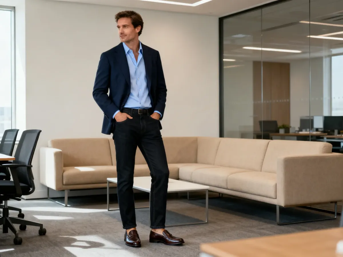 Mężczyzna w ciemnych jeansach i marynarce w stylizacji smart-casual
