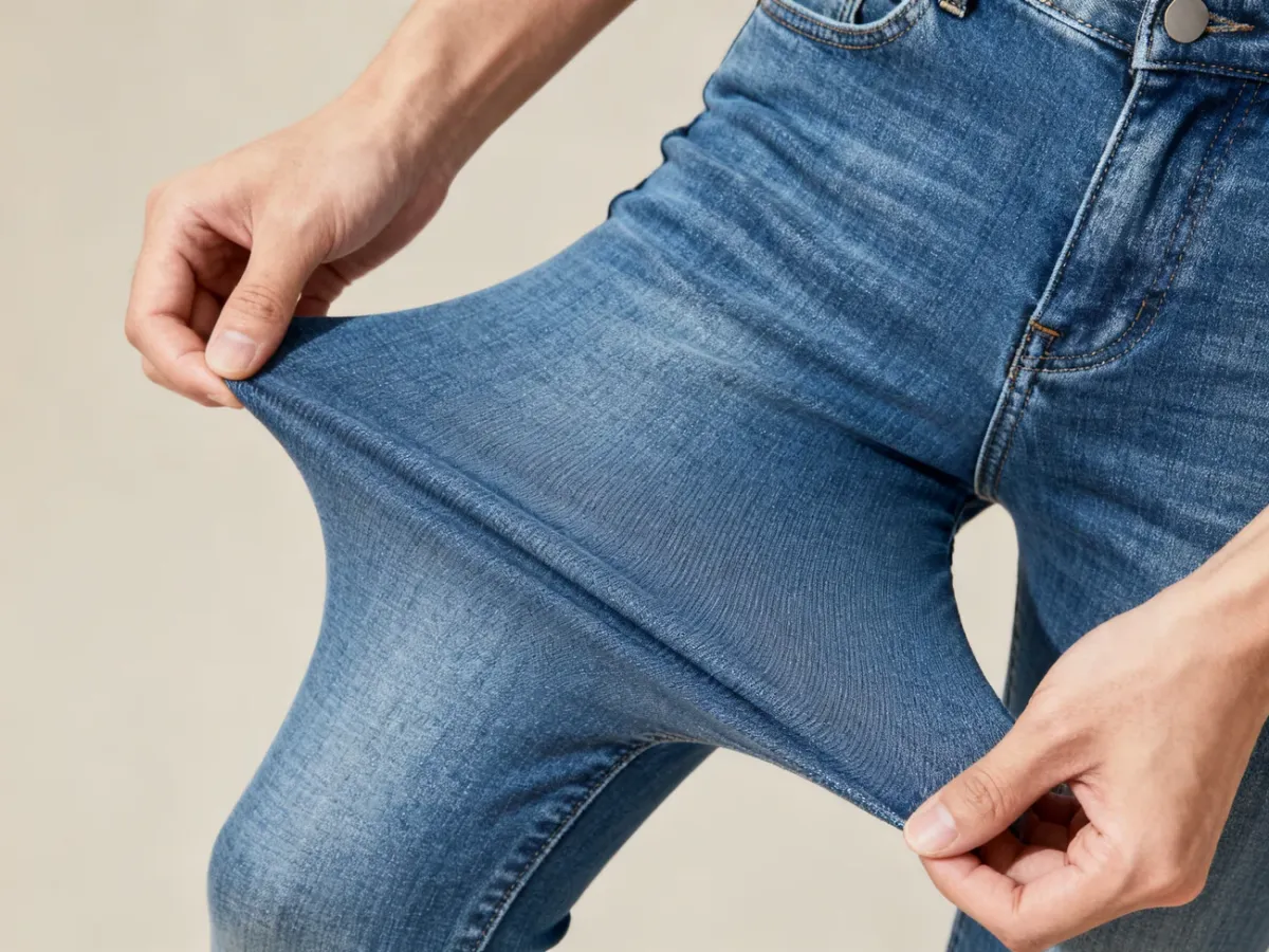 Zbliżenie elastycznego denimu slim fit rozciąganego w dłoniach