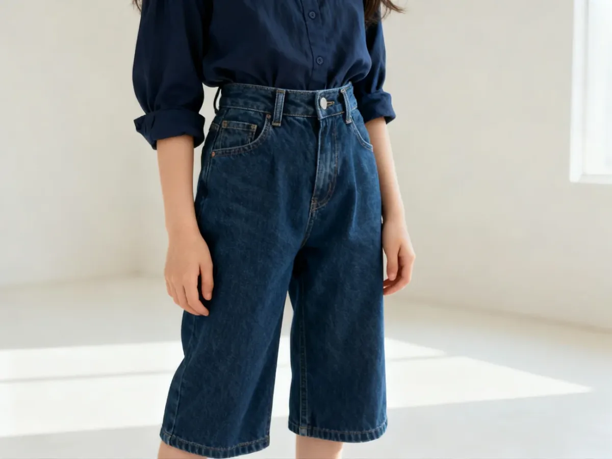Niska kobieta w mom jeans z wysokim stanem i nogawką nad kostkę