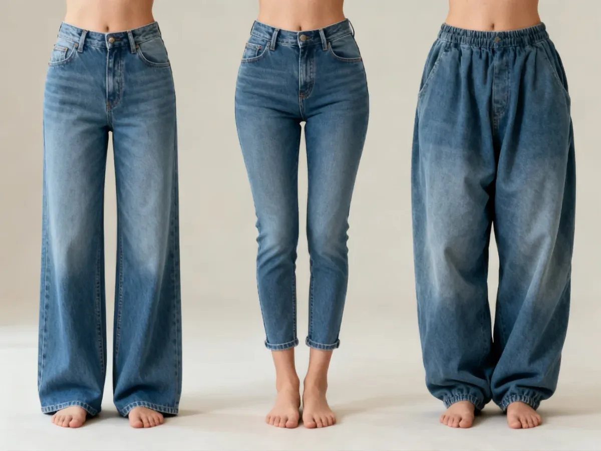 Zestawienie różnic w konstrukcji nogawek jeansów wide leg, mom fit i baggy