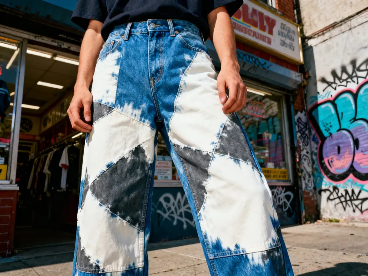 Kontrastowe jeansy acid wash z nieregularnymi jasnymi wybarwieniami