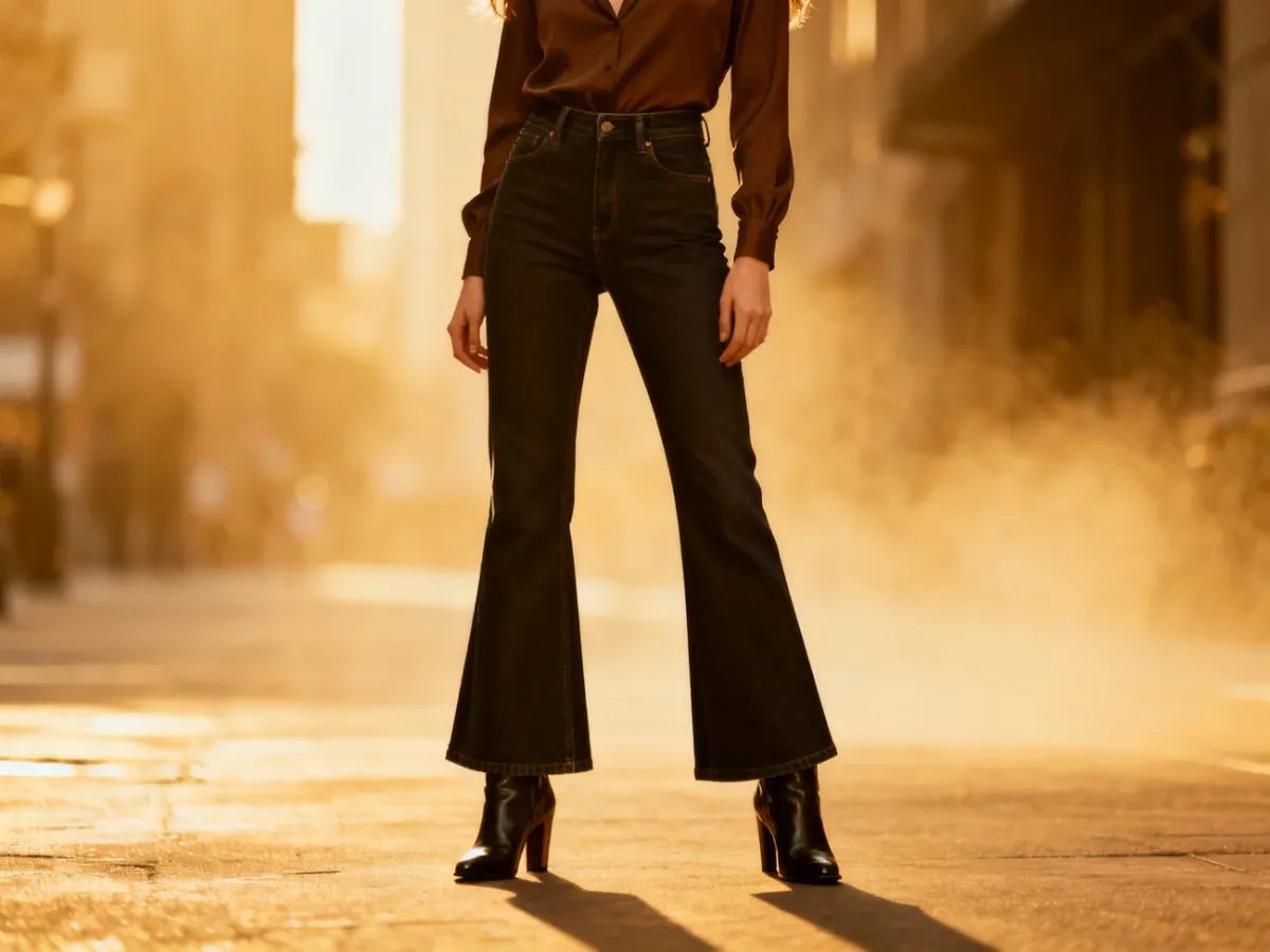 Kobieta w jeansach bootcut i botkach na obcasie podkreślających wydłużenie nóg