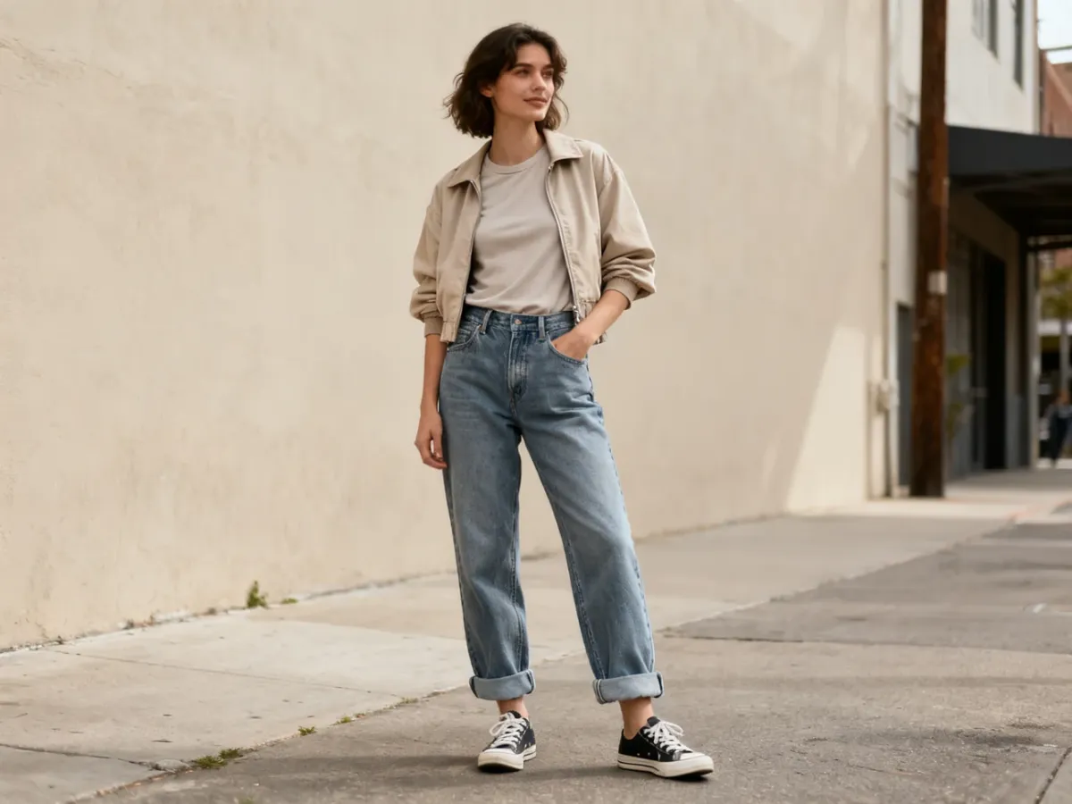 Stylizacja z luźnymi jeansami boyfriend i podwiniętymi nogawkami