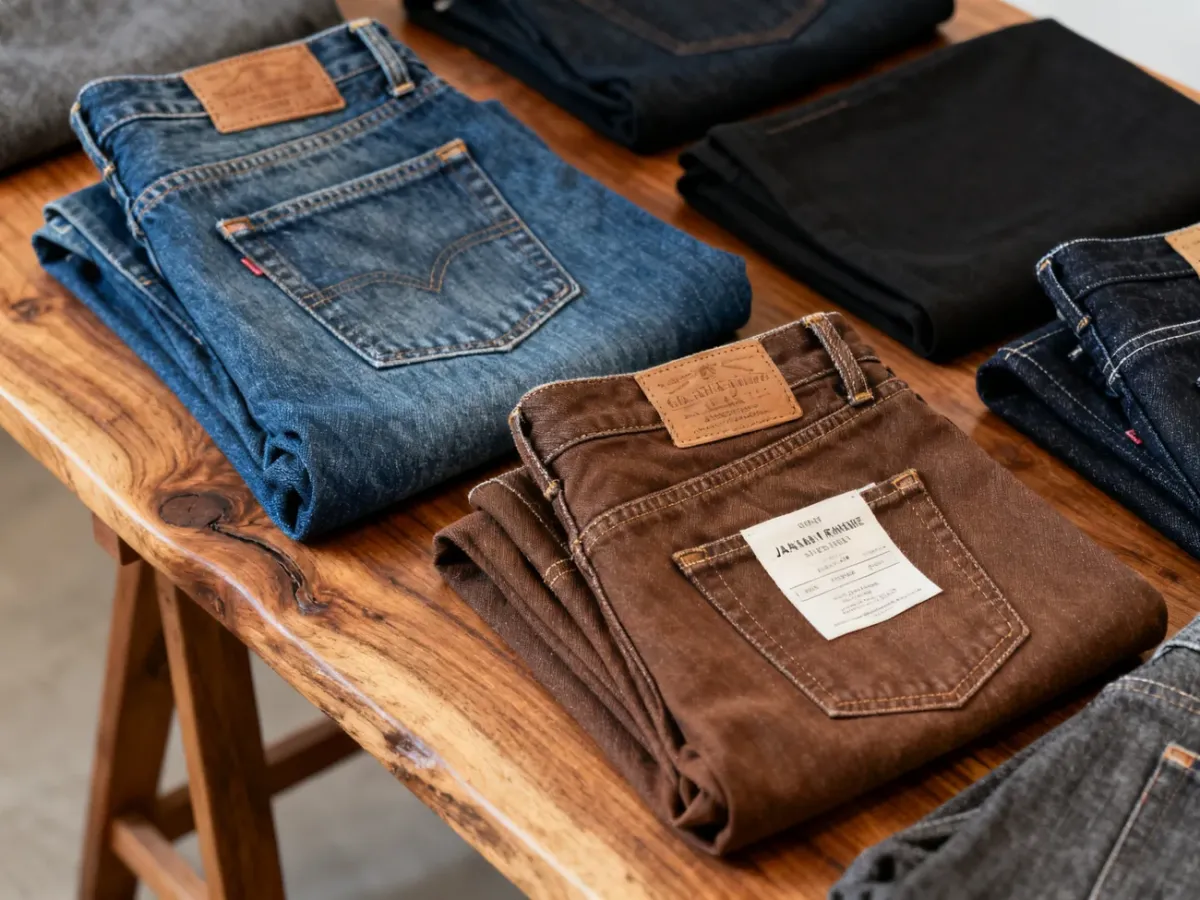 Różne fasony i rodzaje jeansów premium ułożone obok siebie