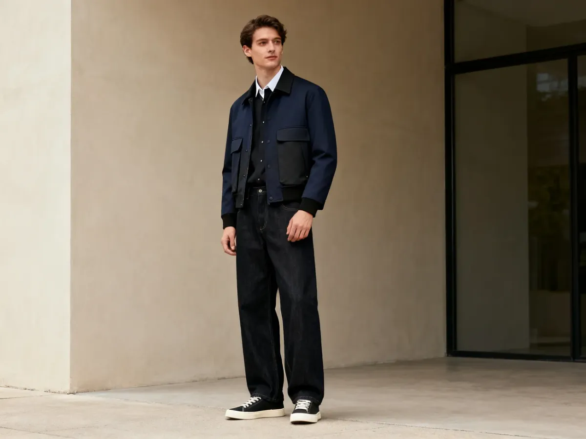 Elegancka stylizacja smart-casual z ciemnymi jeansami baggy