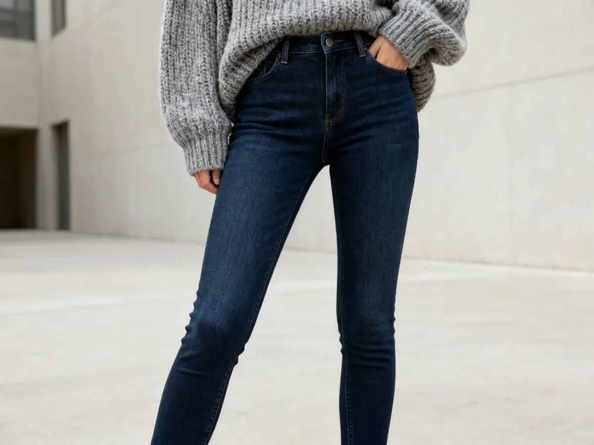 Osoba w dopasowanych jeansach Skinny i obszernym swetrze