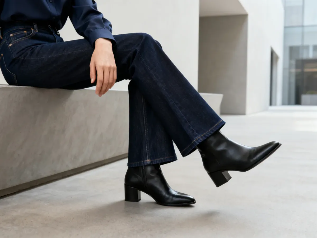 Stylizacja z ciemnymi spodniami bootcut, koszulą i botkami