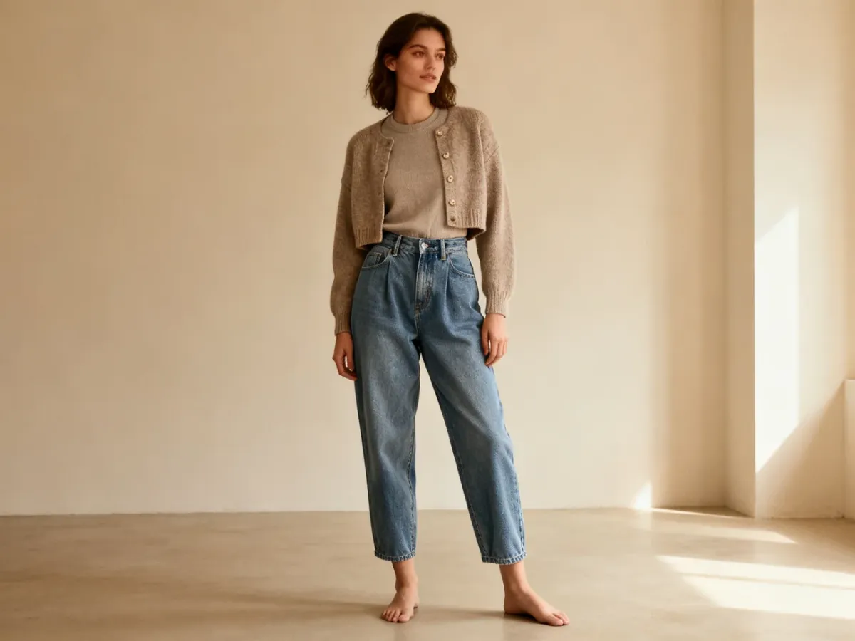 Kobieta w jeansach mom fit z wysokim stanem i zwężanymi nogawkami
