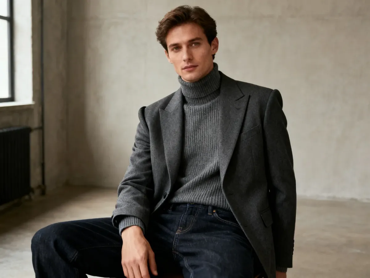 Smart-casual styling with dark relaxed jeans, a turtleneck and blazer