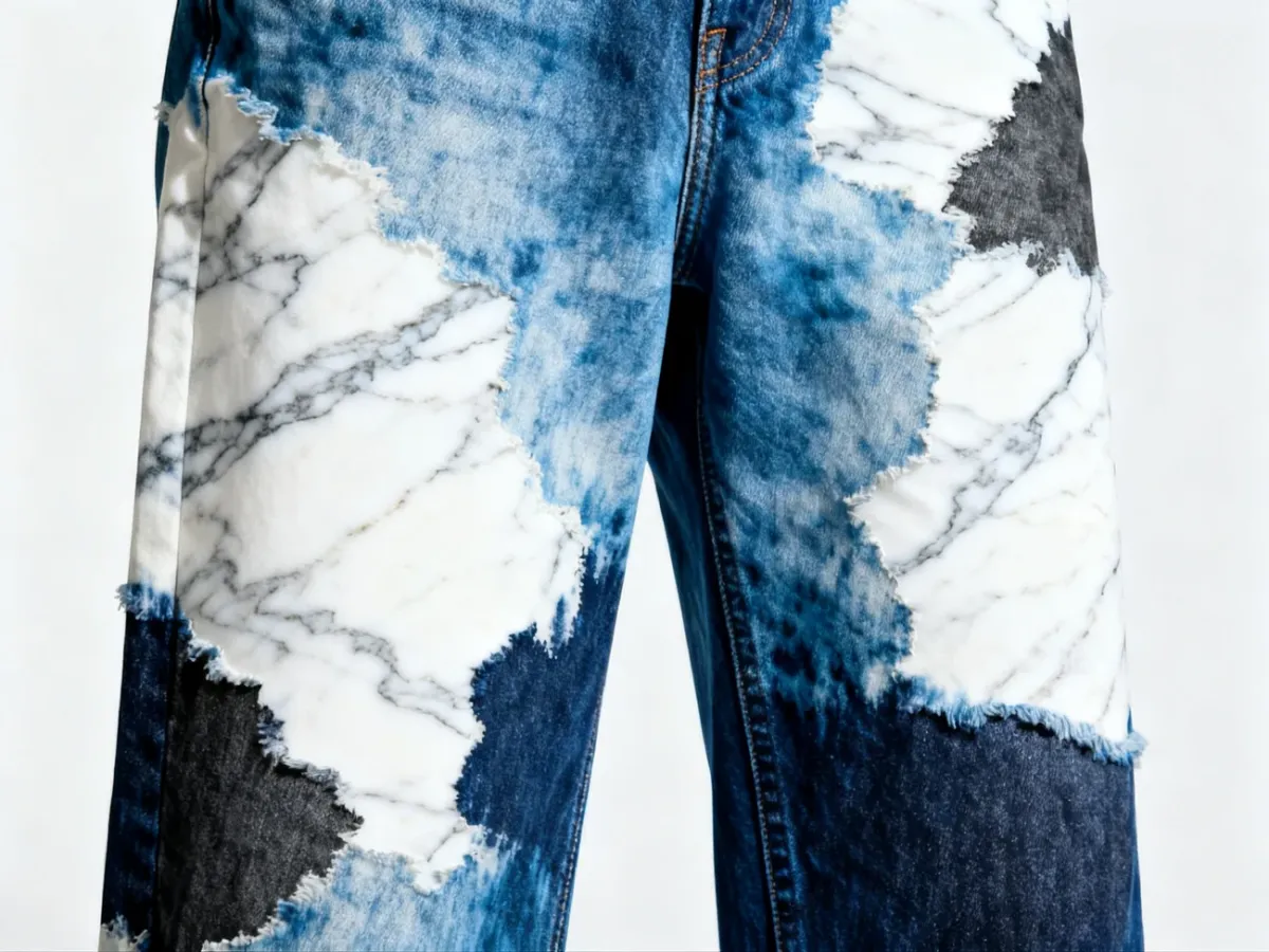 Jeans with a high-contrast marble-like Acid Wash pattern