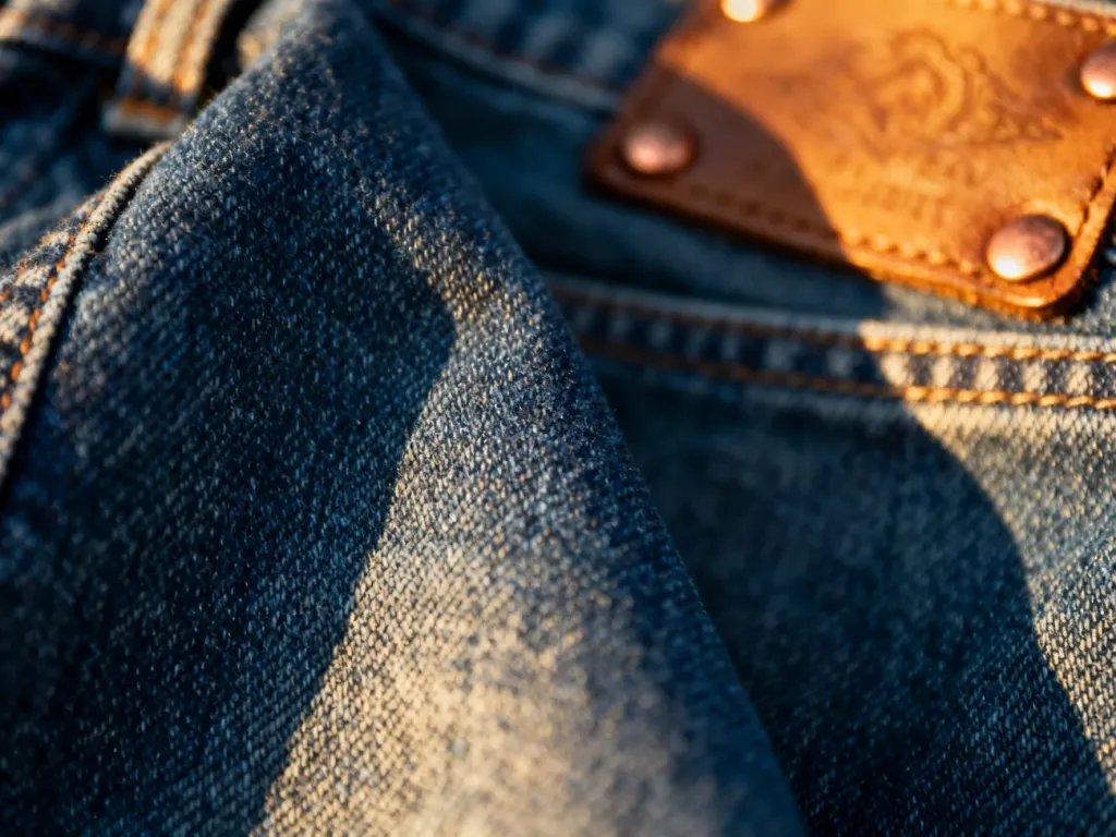 Zbliżenie na surowy jeans typu raw denim z widocznym gęstym splotem, miedzianymi nitami i skórzaną naszywką w tle.