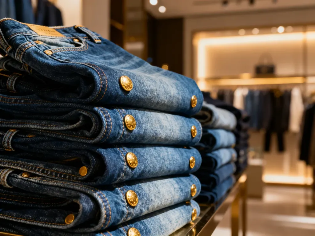 Zbliżenie na wysokiej jakości materiał jeansowy z widocznymi detalami szwów i nitów w luksusowym butiku.