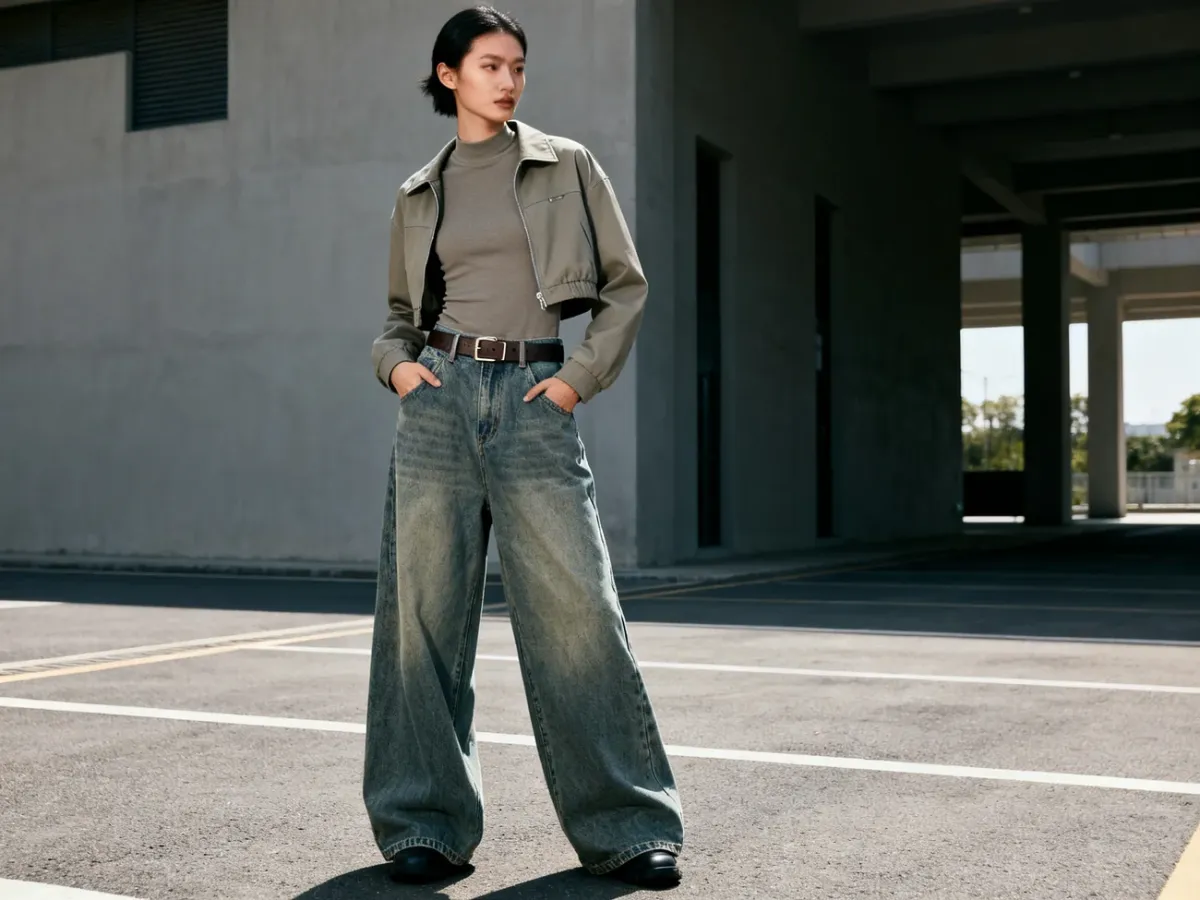 Stylizacja z jeansami baggy, dopasowaną górą i krótką kurtką
