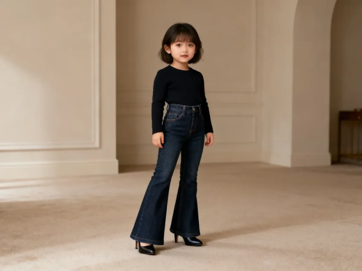 Niska kobieta w jeansach bootcut i butach na obcasie