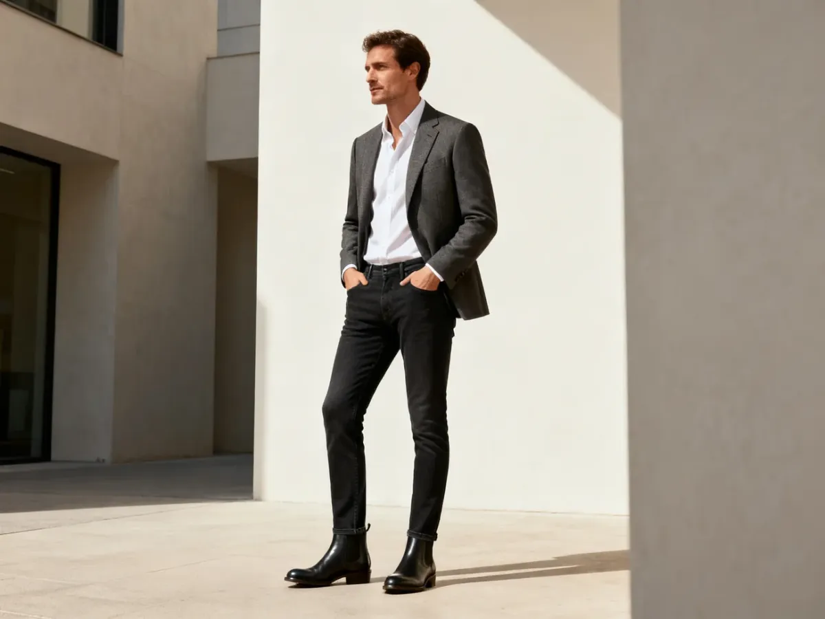 Stylizacja slim fit z koszulą, marynarką i eleganckimi butami