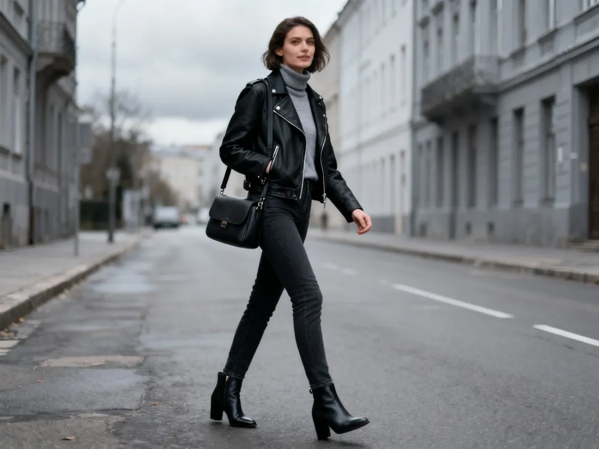 Layered transitional-season outfit with a biker jacket and turtleneck
