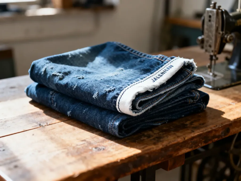 Zbliżenie na fakturę surowego japońskiego denimu z widocznym charakterystycznym szwem typu selvedge na drewnianym stole.