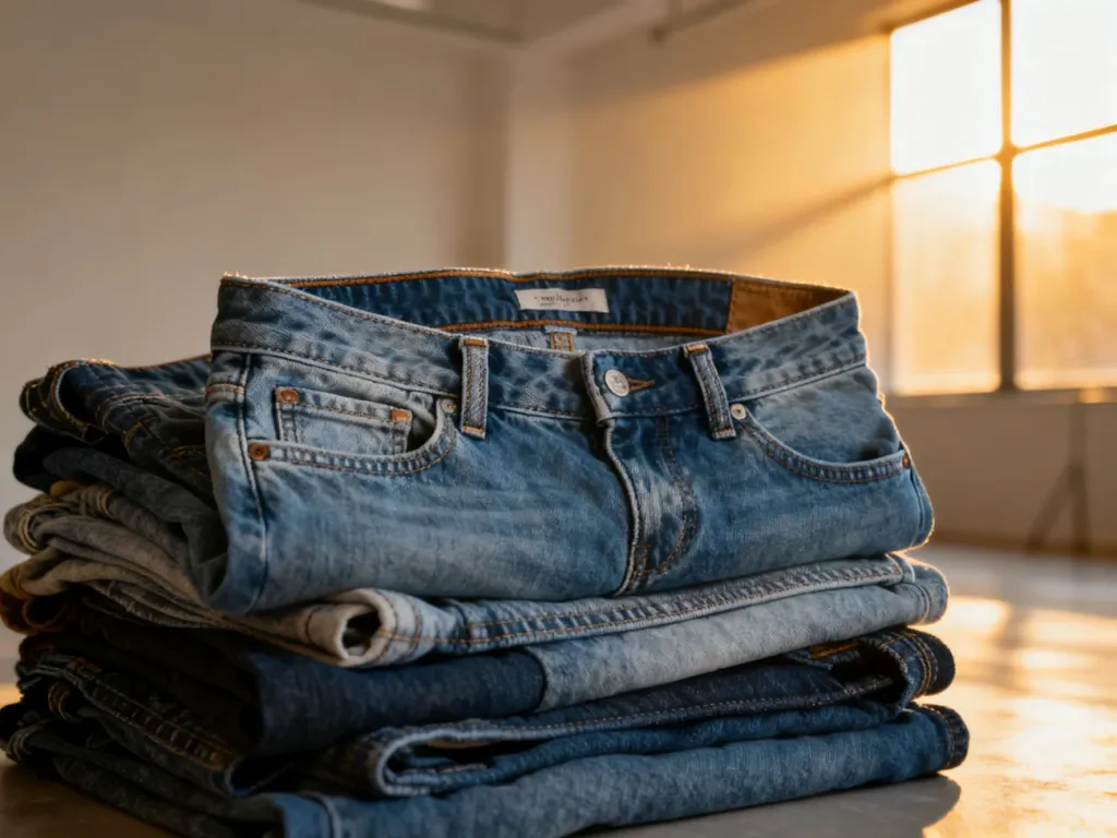Stos jeansów z widocznymi detalami szwów i różnymi wysokościami stanu, prezentujący jakość materiału.