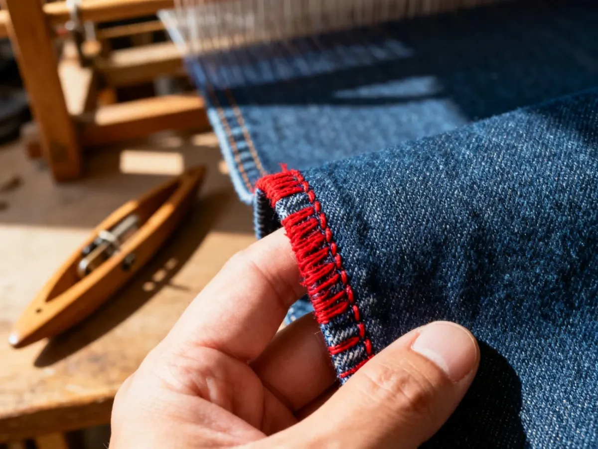Zbliżenie na surowy selvedge denim z widoczną krajką i fakturą tkaniny