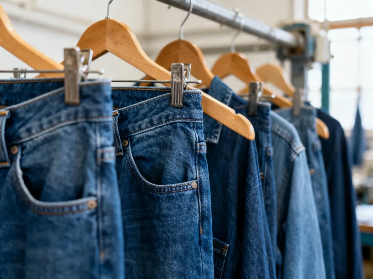 Surowe jeansy z denimu suszące się na drewnianym wieszaku