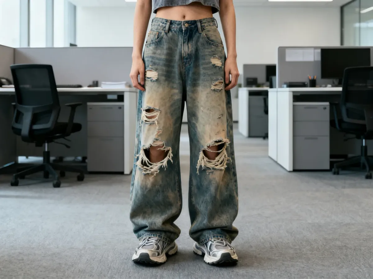 Zbyt casualowa stylizacja z podartymi i mocno spranymi jeansami