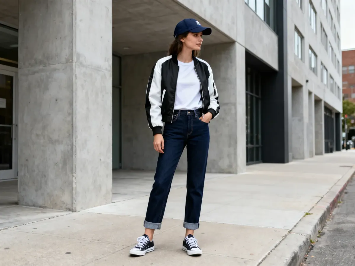 Kobieta w jeansach, bomberce, sneakersach i czapce z daszkiem