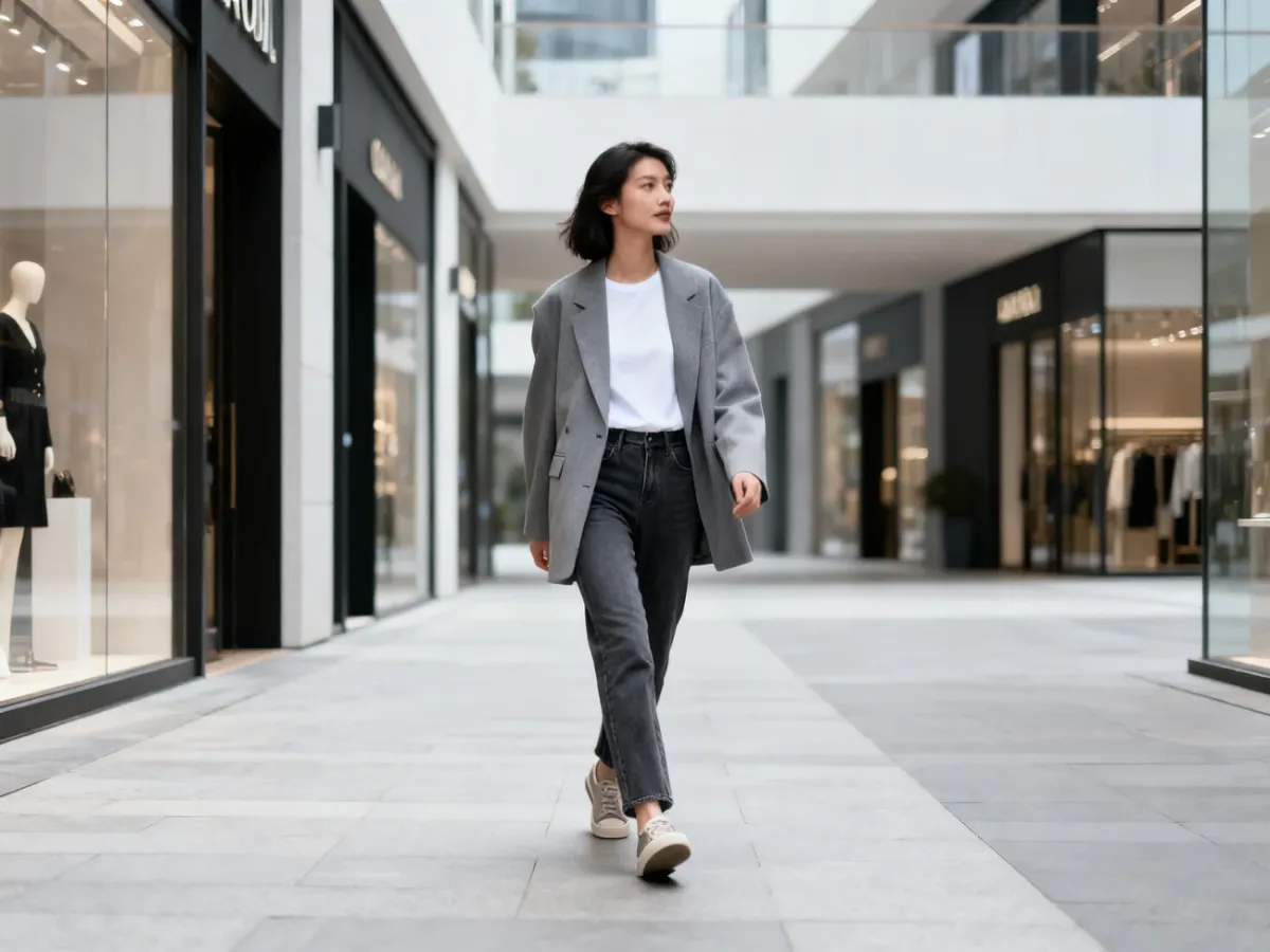 Stylizacja z jeansami, białym topem, oversizową marynarką i sneakersami