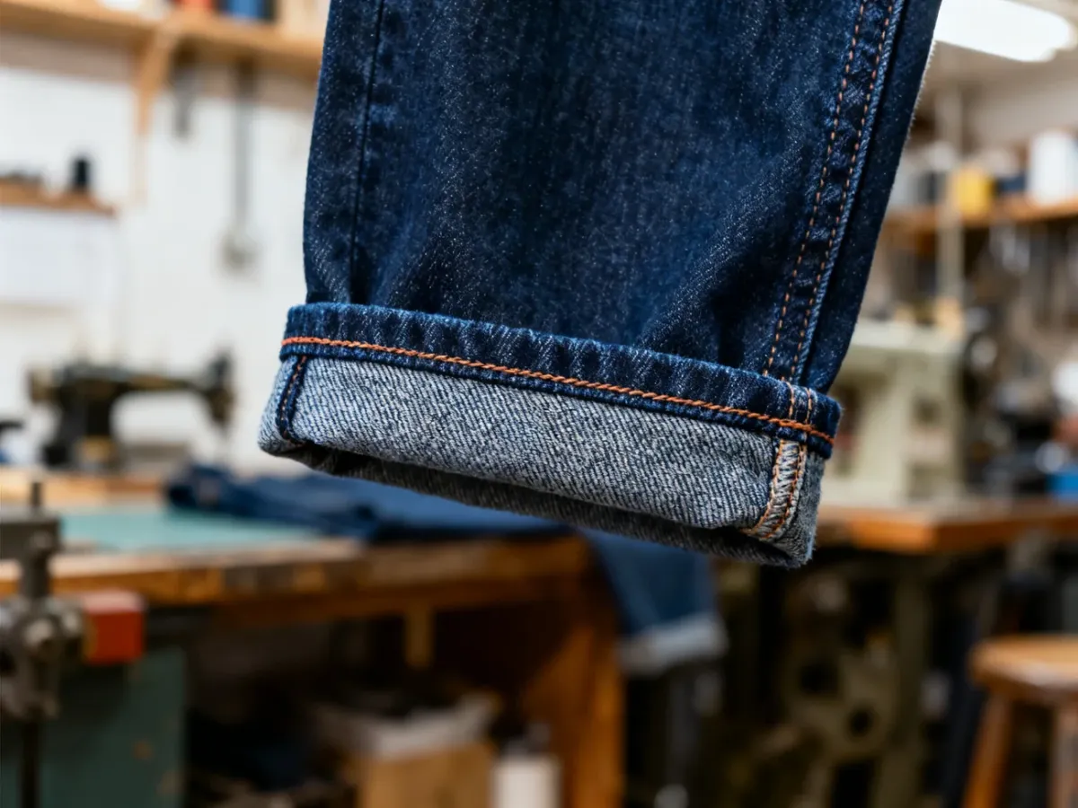 Podwinięta nogawka jeansów z widocznym brzegiem selvedge