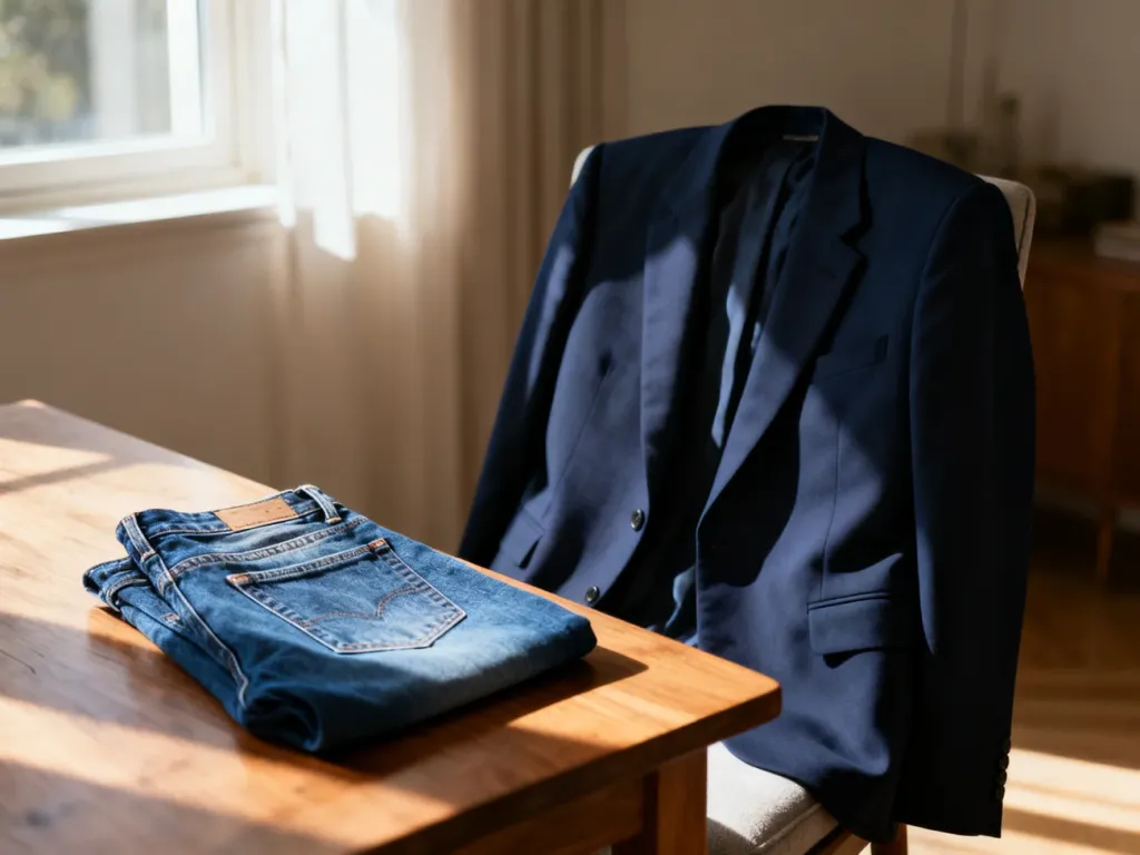 Granatowa marynarka zestawiona z klasycznymi jeansami na drewnianym stole, prezentująca elegancką stylizację typu casual.