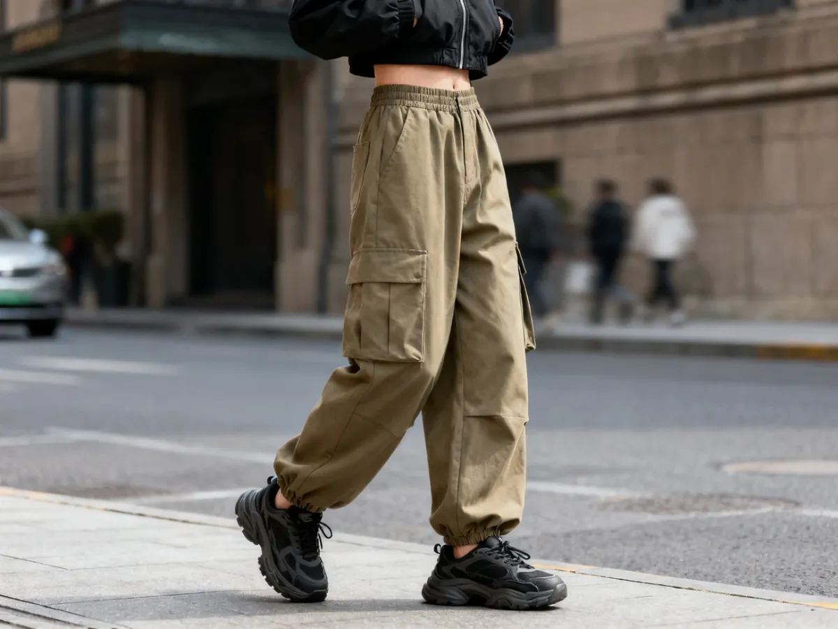 Stylizacja z khaki spodniami baggy cargo, krótką czarną kurtką i masywnymi sneakersami