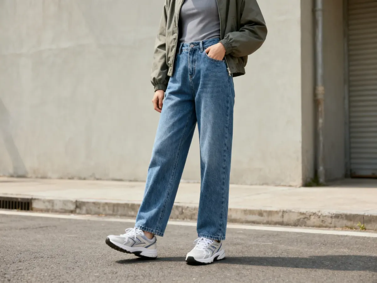 Codzienna stylizacja z jeansami relaxed fit, kurtką i sneakersami