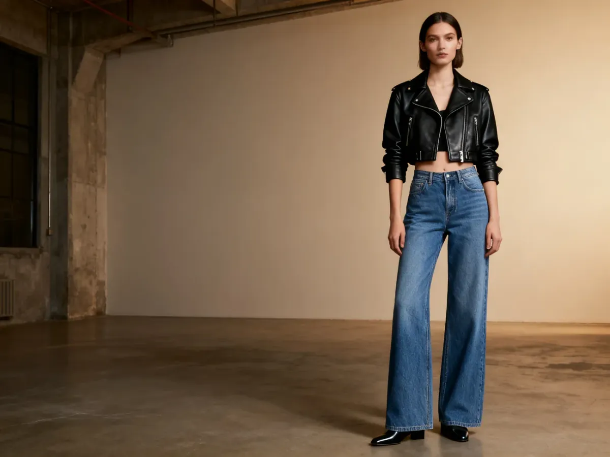 Short biker jacket styled with wide-leg jeans for balanced proportions