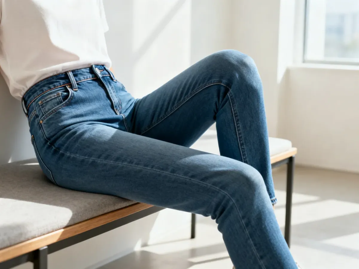 Osoba sprawdzająca wygodę jeansów slim fit podczas siadania