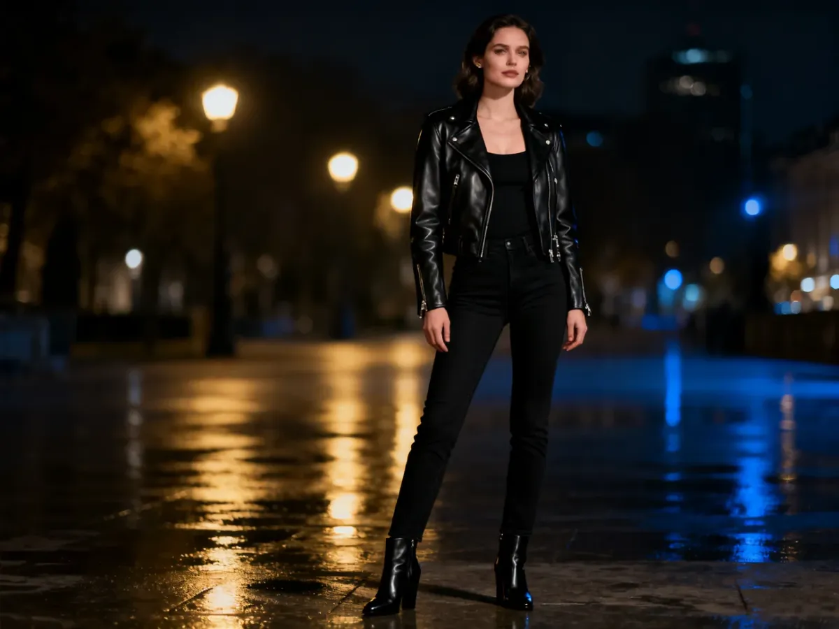 Monochromatic black evening outfit with a leather jacket and ankle boots