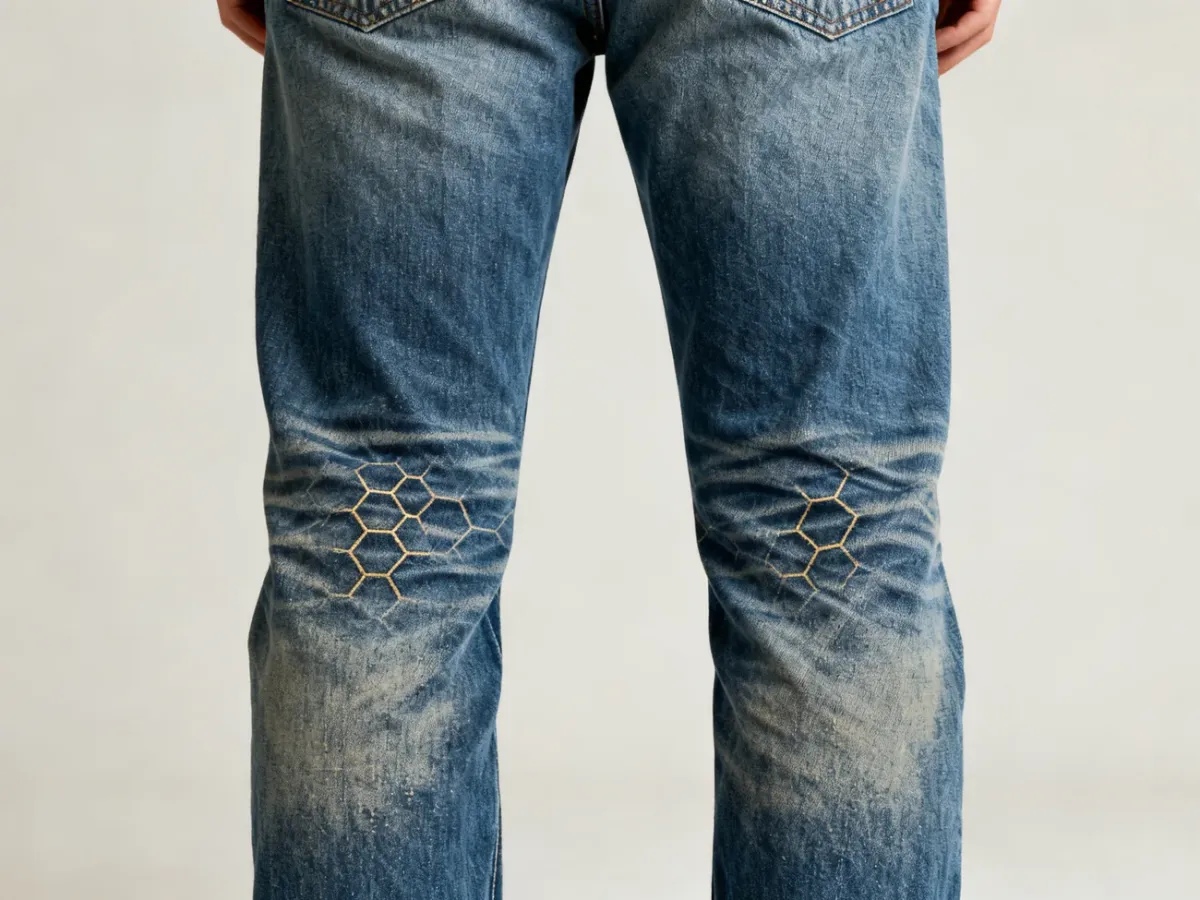 Back of jeans with honeycomb fades below the knees