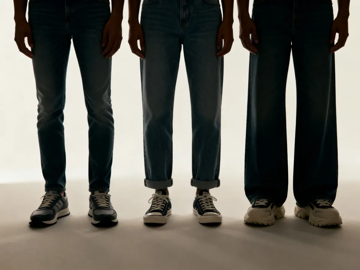 Porównanie proporcji nogawek jeansów i różnych fasonów sneakersów