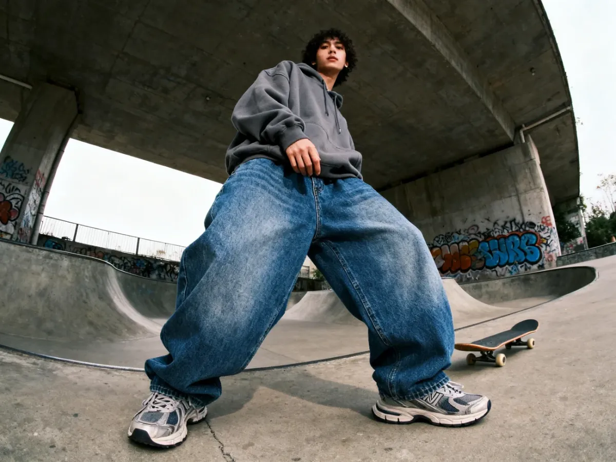 Model w bardzo szerokich jeansach baggy w stylizacji streetwearowej