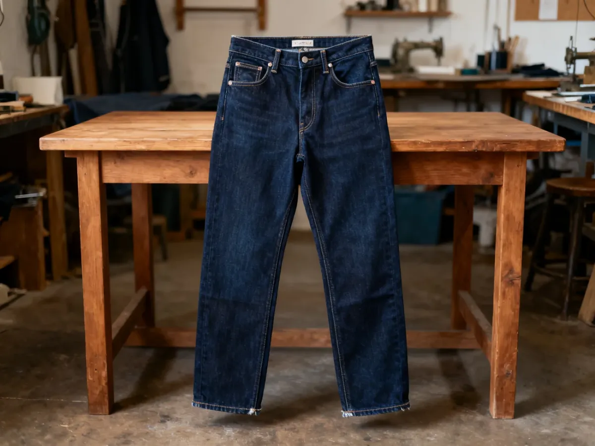 Ciemne, sztywne spodnie z surowego denimu na drewnianym stole