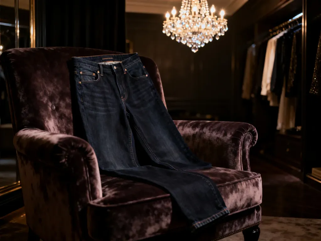 Ciemne, eleganckie jeansy ułożone na welurowym fotelu w luksusowej garderobie, podkreślające wieczorowy charakter stylizacji.