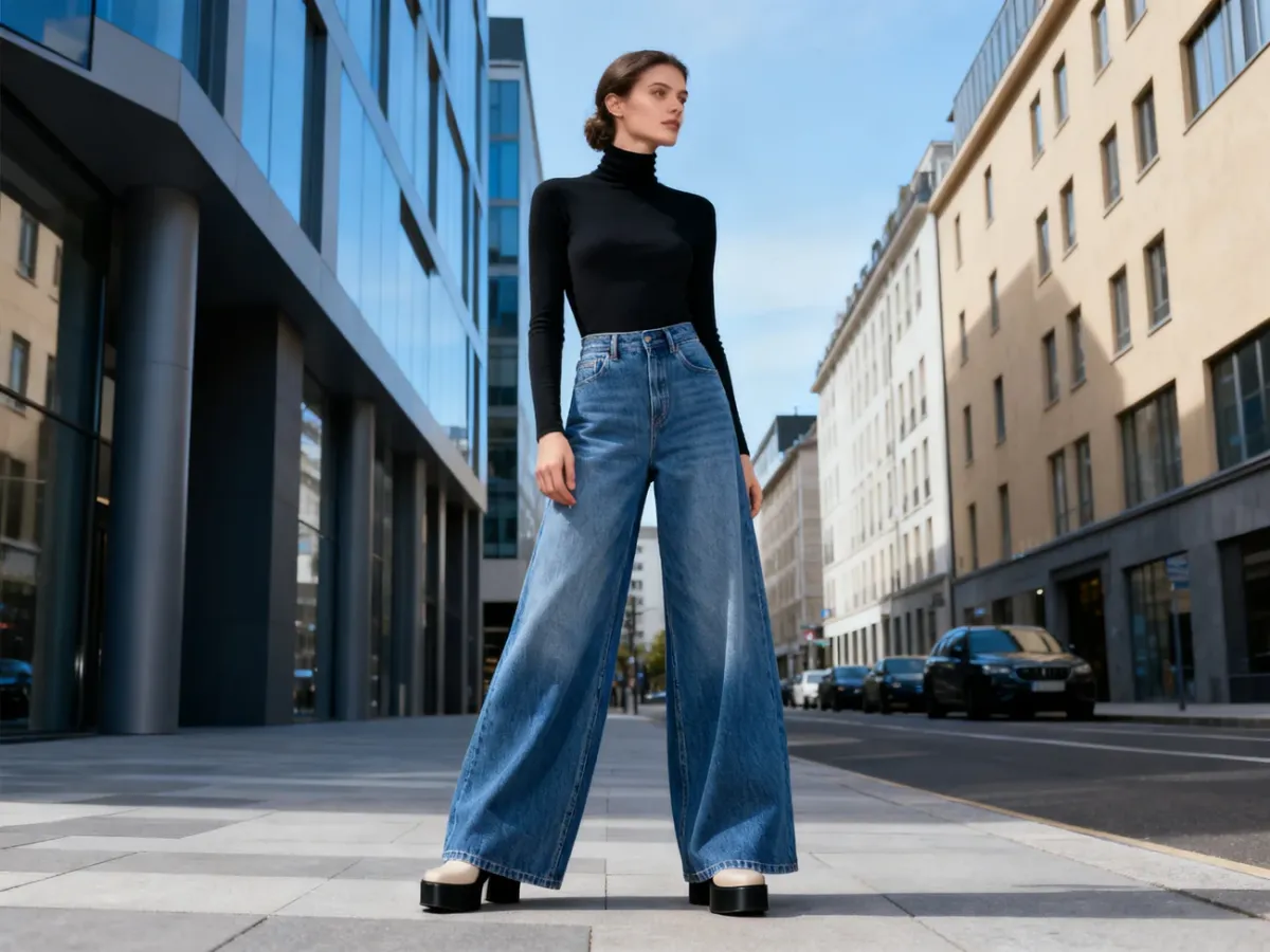 Szerokie jeansy wide leg z dopasowanym golfem i platformami