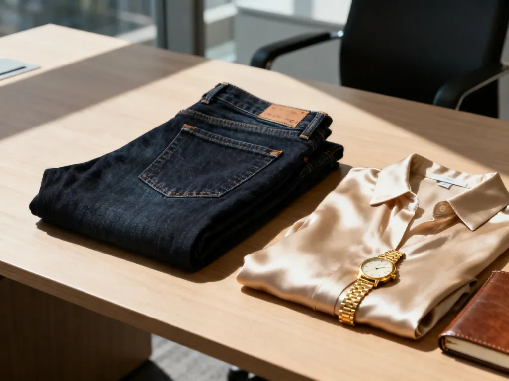 Eleganckie zestawienie ciemnych jeansów, beżowej bluzki i akcesoriów na biurku, idealne do pracy w stylu smart casual.