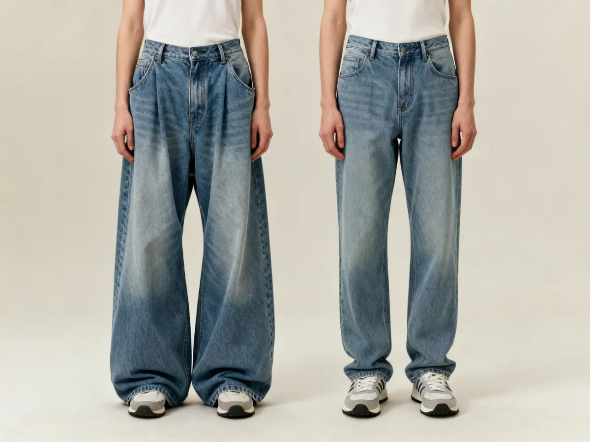 Porównanie szerokich jeansów baggy i bardziej uporządkowanych jeansów relaxed