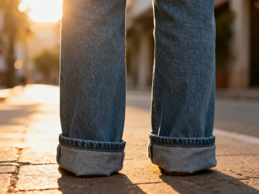 Zbliżenie na modnie podwinięte nogawki jeansów w letnim, słonecznym świetle, podkreślające fakturę materiału.