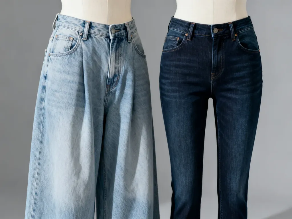 Dwa manekiny prezentujące kontrastujące style: szerokie spodnie baggy z jasnego jeansu oraz dopasowane rurki w kolorze indygo.