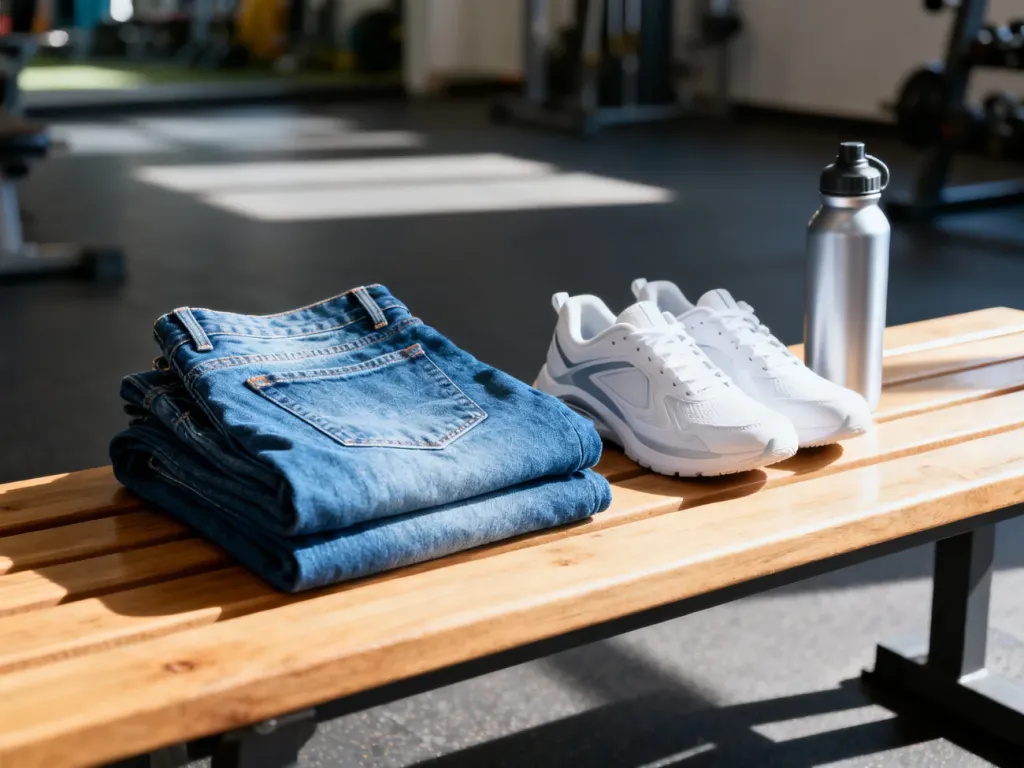 Niebieskie jeansy, białe sneakersy i bidon na drewnianej ławce w studiu fitness, prezentujące styl athleisure.