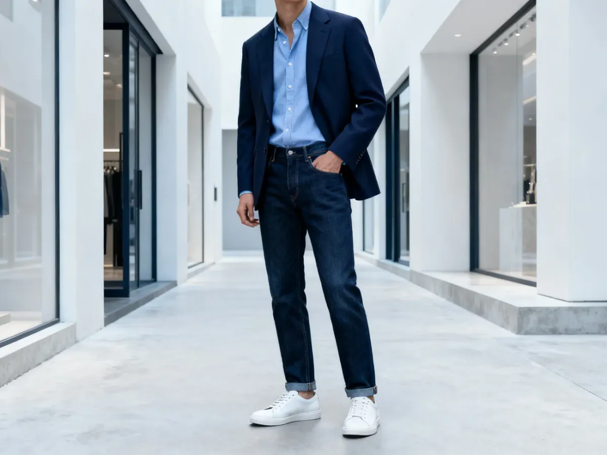 Ciemne jeansy z białymi sneakersami w stylizacji smart casual