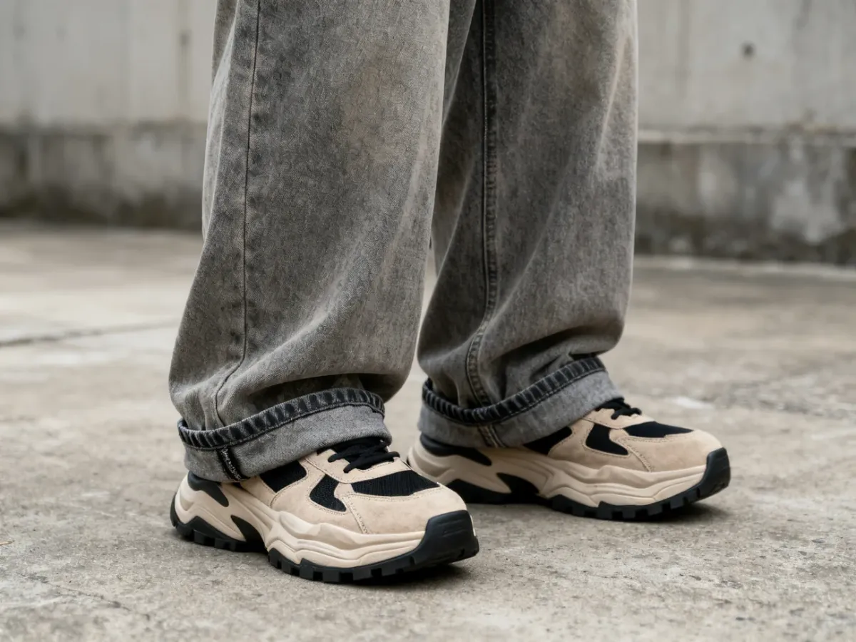 Jeansy baggy opadające na masywne sneakersy