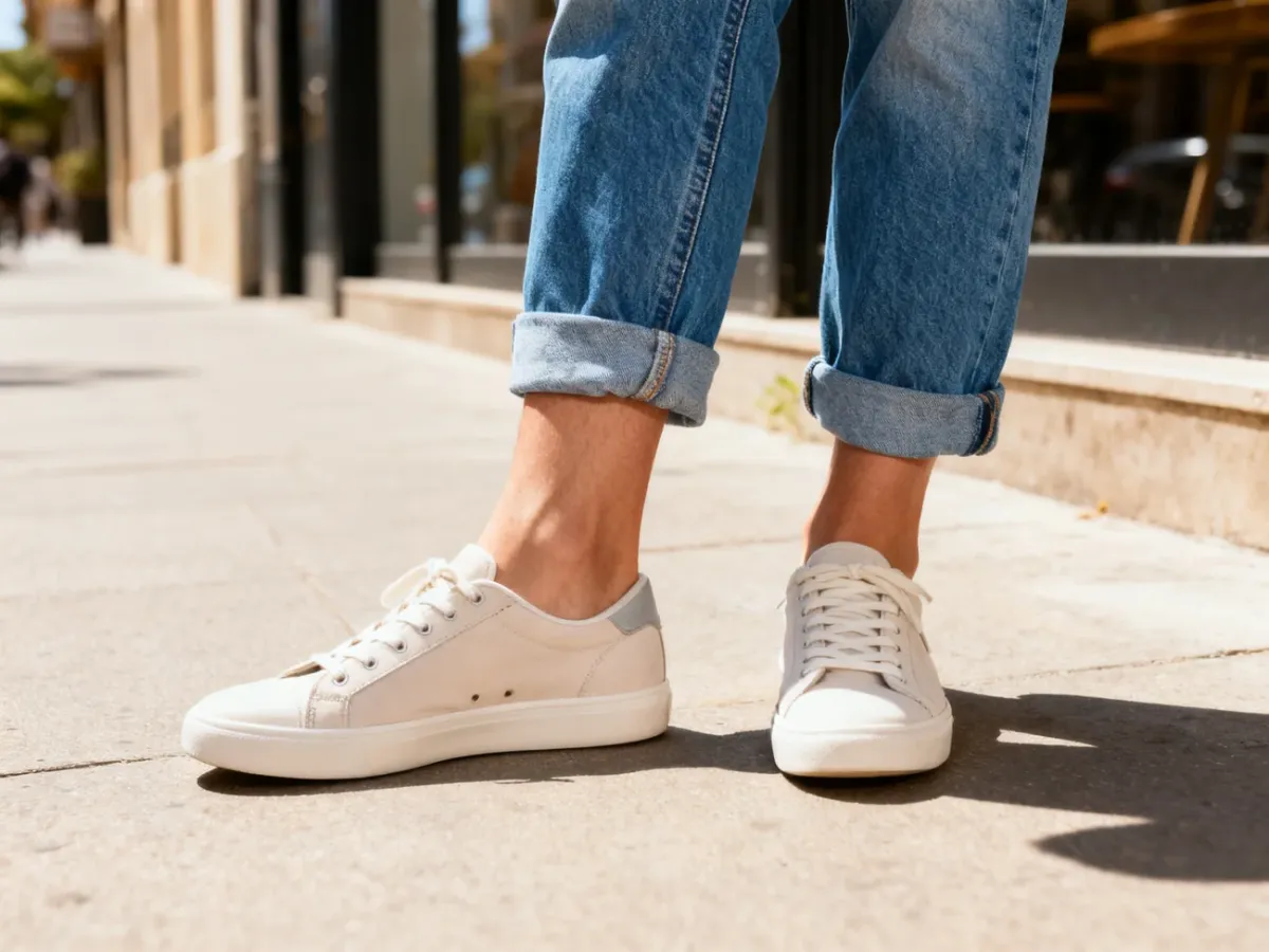 Letnia stylizacja z podwiniętymi jeansami i lekkimi sneakersami
