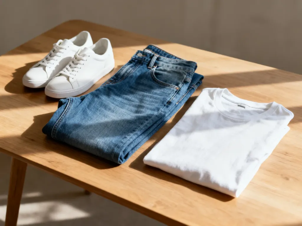 Złożone niebieskie jeansy relaxed fit, białe sneakersy i bawełniany t-shirt na drewnianym stole w świetle poranka.